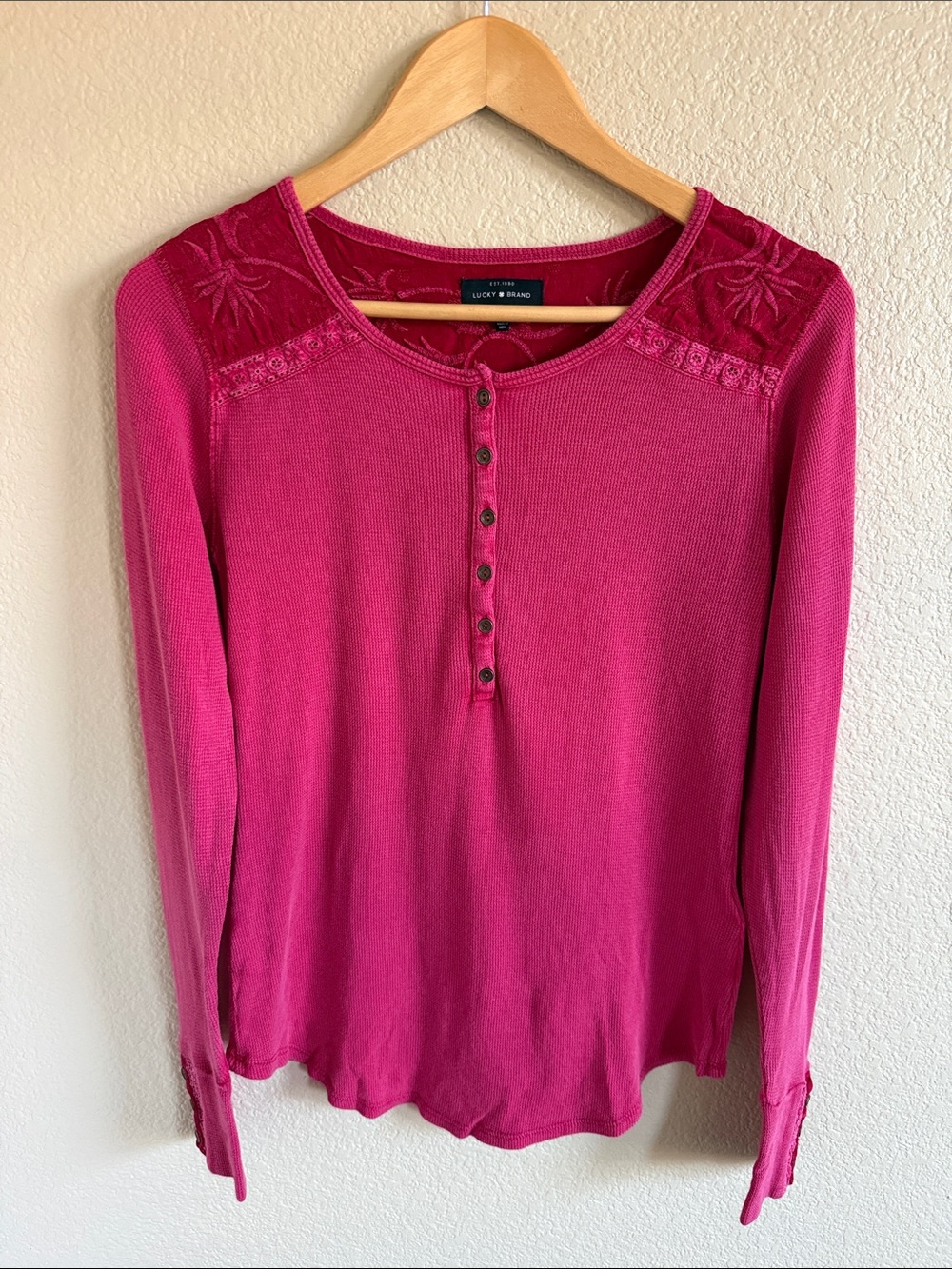 Lucky Brand Fuchsia Long-Sleeve Henley with Embroidered Shoulders